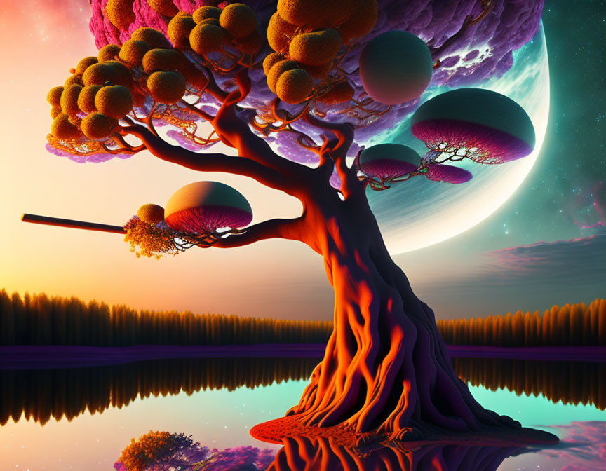 Colorful surreal landscape: large orange tree, reflective lake, giant purple moon