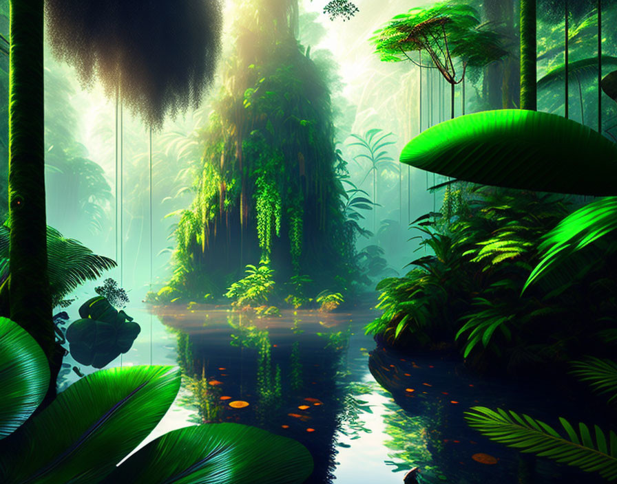 Serene Rainforest Scene with Tall Trees and Pond