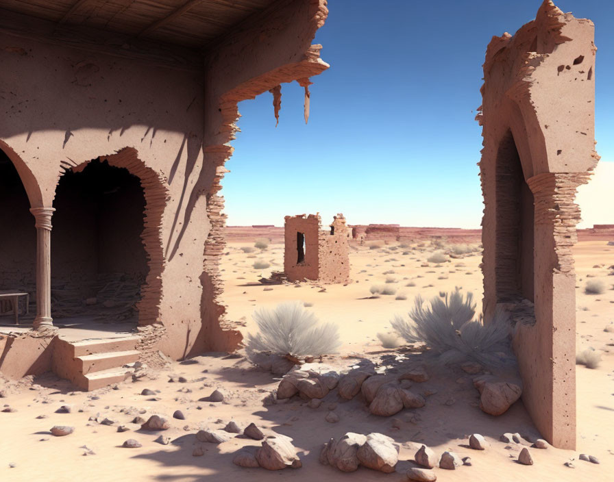 Desert ruins with arches under clear blue sky