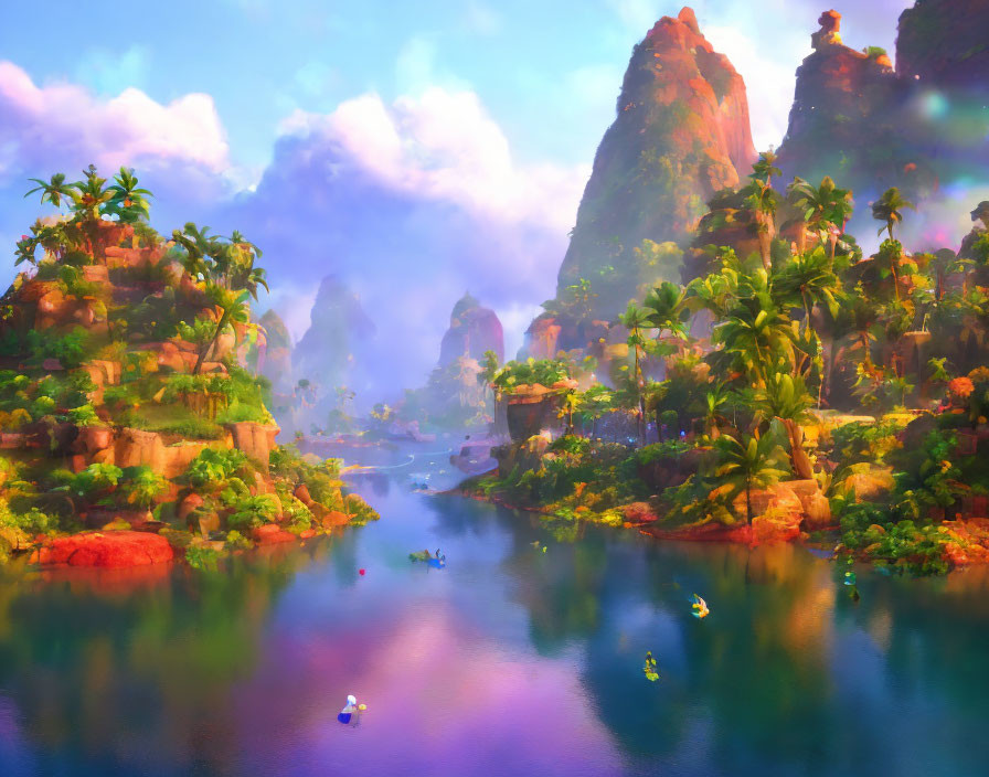 Digital art landscape: Misty mountains, lush greenery, serene river, colorful sky.