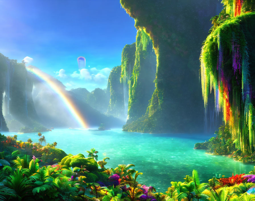 Vibrant Flora and Waterfalls Surround Turquoise Lake Under Rainbow