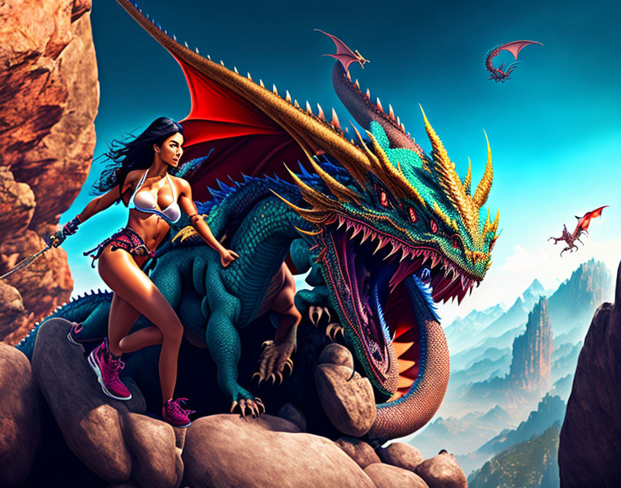Warrior woman in armor on colorful dragon with flying dragons and mountains.