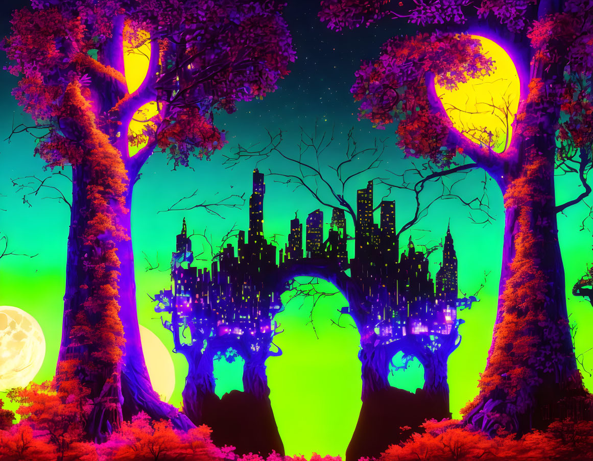 Colorful neon fantasy landscape with city silhouette in tree trunks under starry sky.