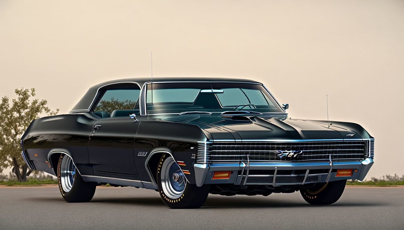 Vintage Black Chevrolet Impala with Chrome Details and White-Wall Tires on Open Road at Dusk