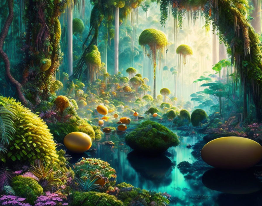 Mystical forest with bioluminescent plants and golden eggs by serene river