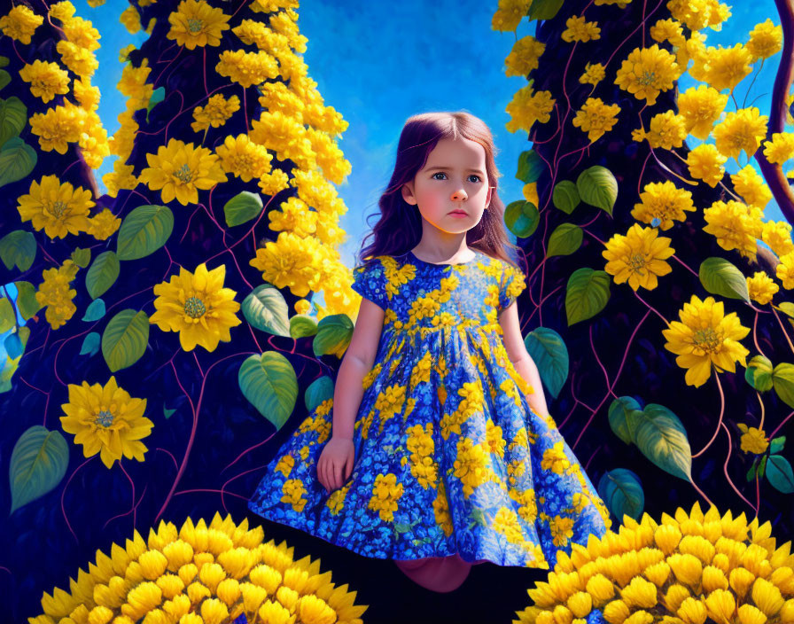 Young girl in floral dress surrounded by vibrant yellow flowers against blue sky