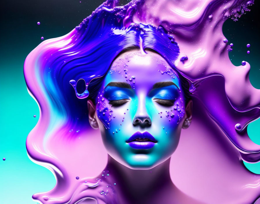 Digital artwork: Woman with purple hair, blue makeup, butterflies, and droplets on teal background