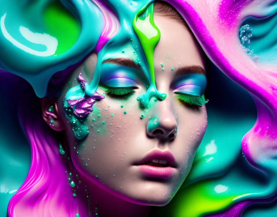 Colorful woman with swirling skin, closed eyes, neon hair