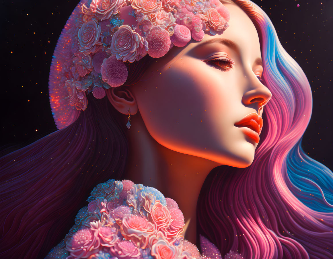 Colorful-haired woman with floral headpiece in serene starry setting