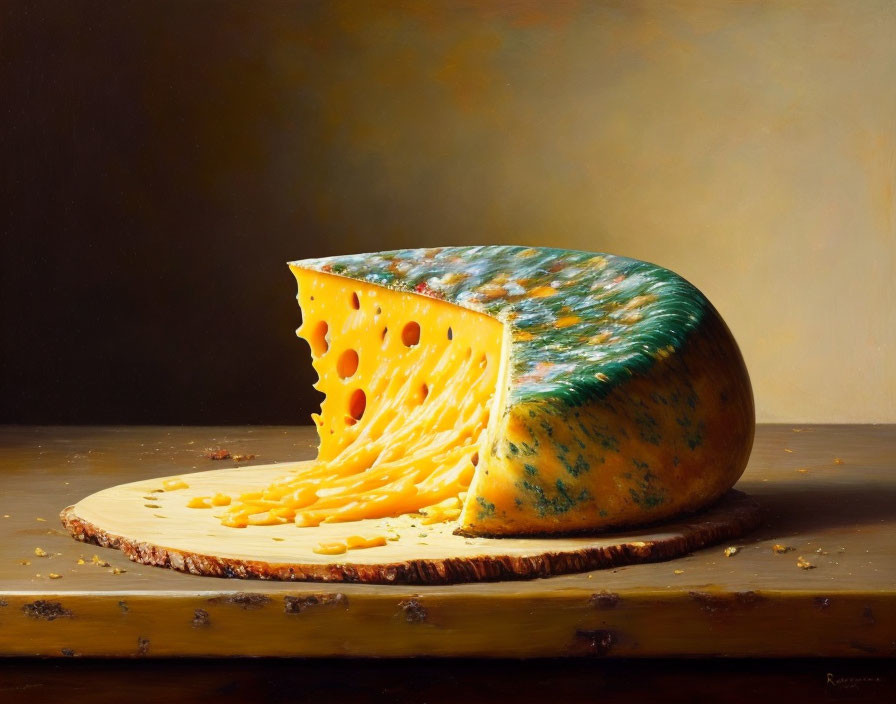 Realistic painting of yellow cheese semi-circle with holes on wooden surface