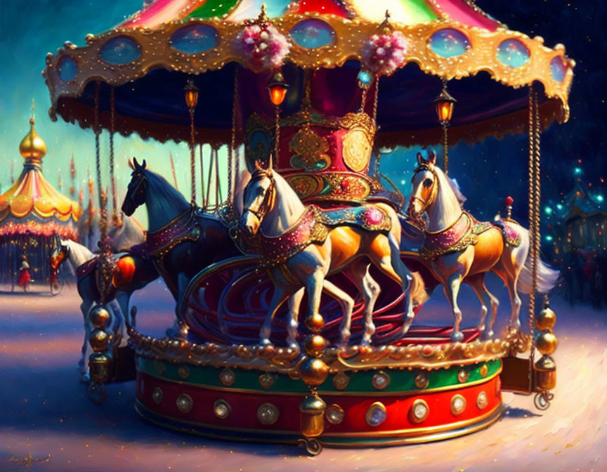 Ornate carousel with glowing lamps and whimsical background