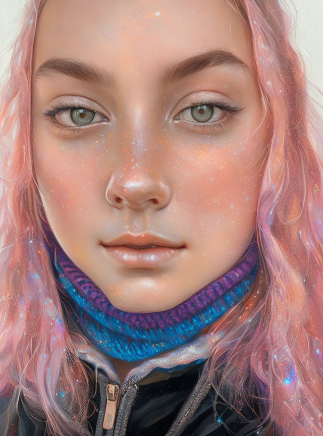 Digital artwork featuring person with green eyes, freckles, pink wavy hair, black jacket,