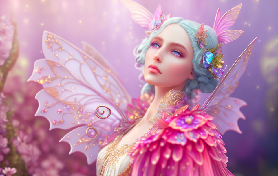 Ethereal fantasy creature with butterfly wings and pastel hair in dreamlike setting