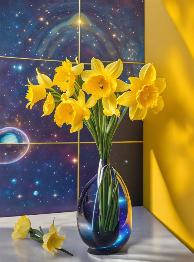 Yellow Daffodils in Glass Vase with Cosmic Background