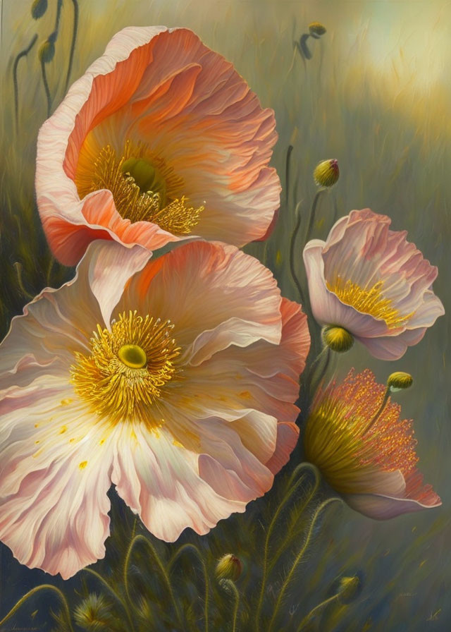 Detailed painting of vibrant poppies in peach, coral, and cream with golden centers on a soft-focus