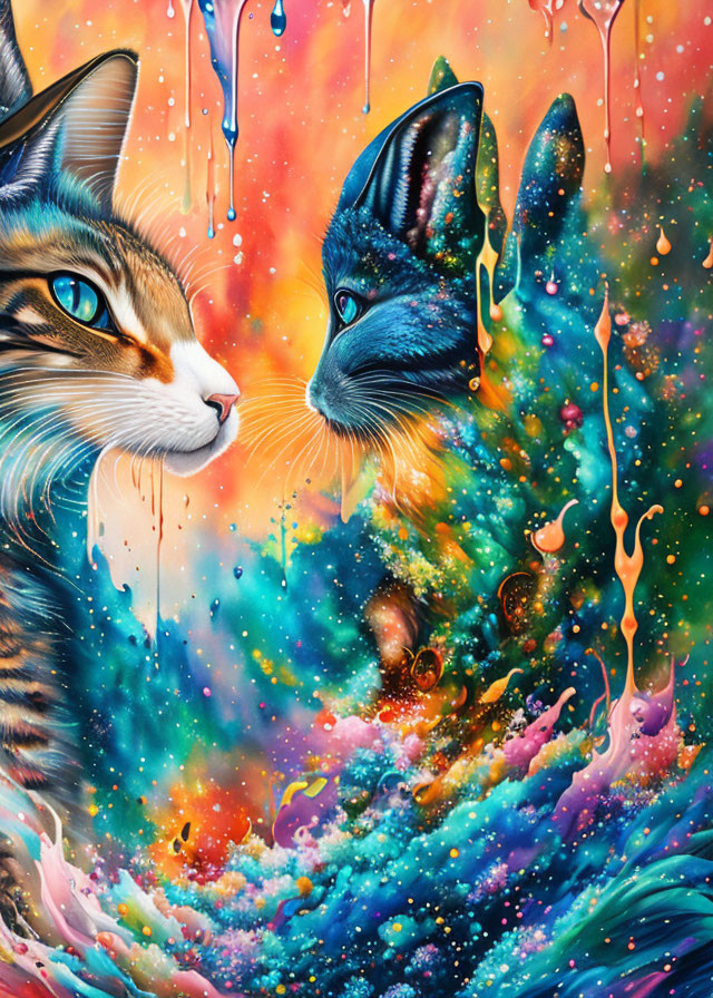 Vibrant cosmic patterns on two cats in surreal setting