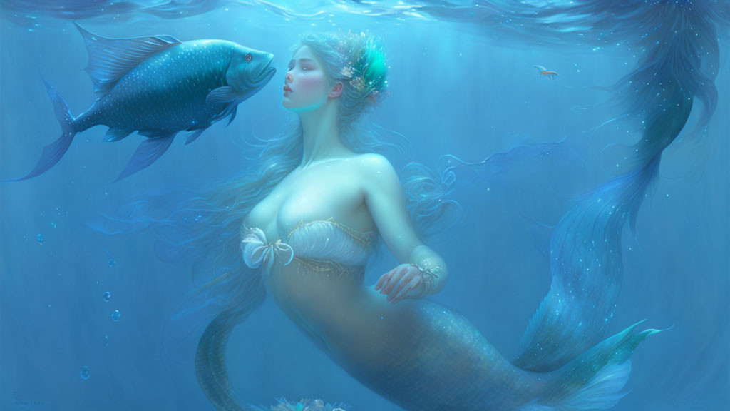 Mermaid with teal tail and blue fish in serene underwater scene