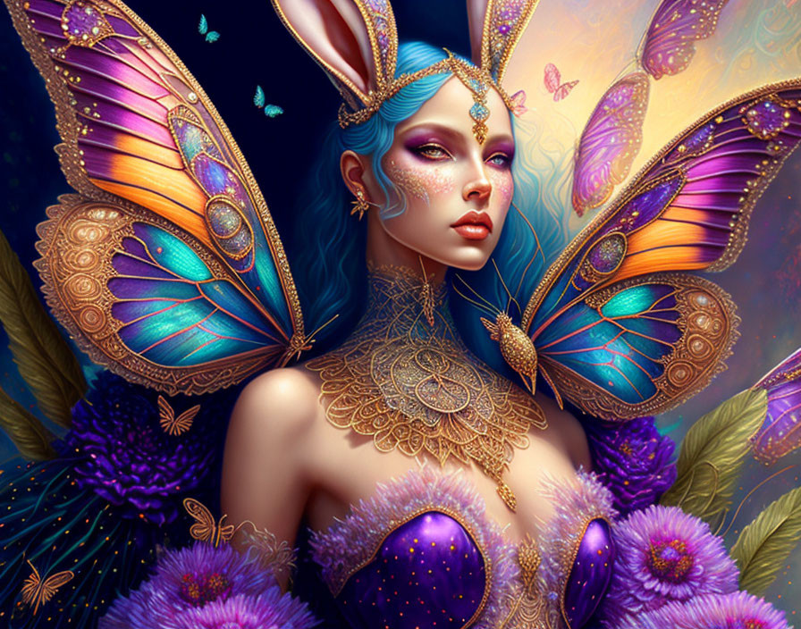 Fantasy illustration of woman with butterfly wings and golden jewelry among purple flora