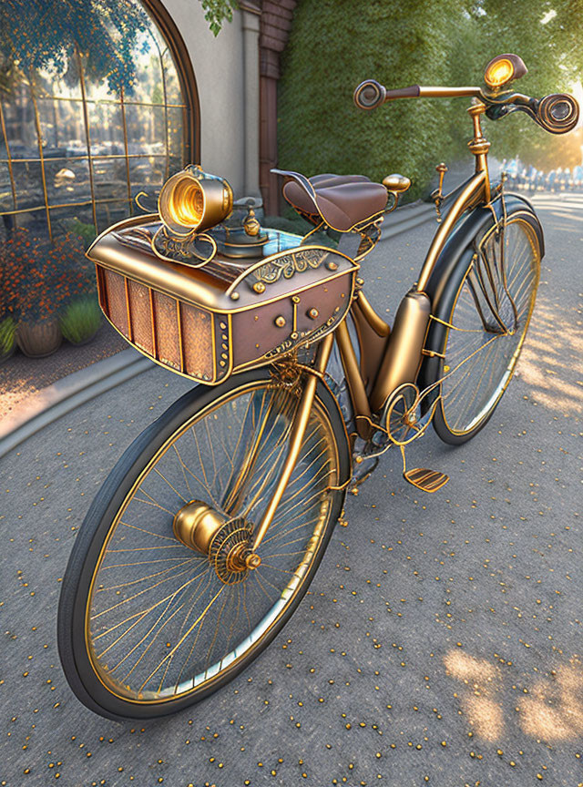 Vintage-style bicycle with golden details parked on cobblestone path.