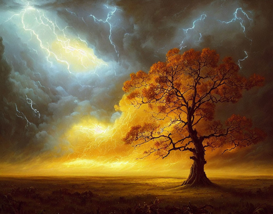 Vibrant orange tree under stormy sky with lightning bolts