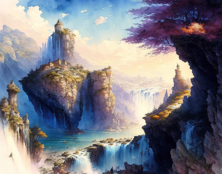 Fantastical landscape with waterfalls, lake, cliffs, and ornate structures under purple sky