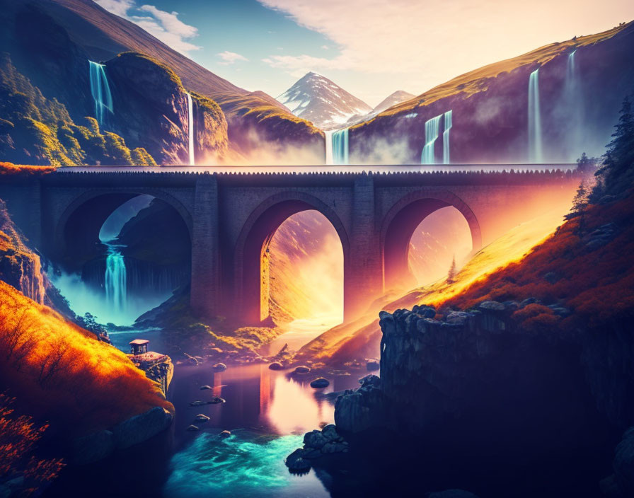 Scenic arched bridge over canyon with waterfalls and river, surrounded by lush cliffs and mountains.
