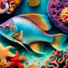 Colorful Fish Surrounded by Starfish, Coral, and Anemones