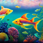 Colorful underwater scene with orange fish, coral reef, and marine plants.
