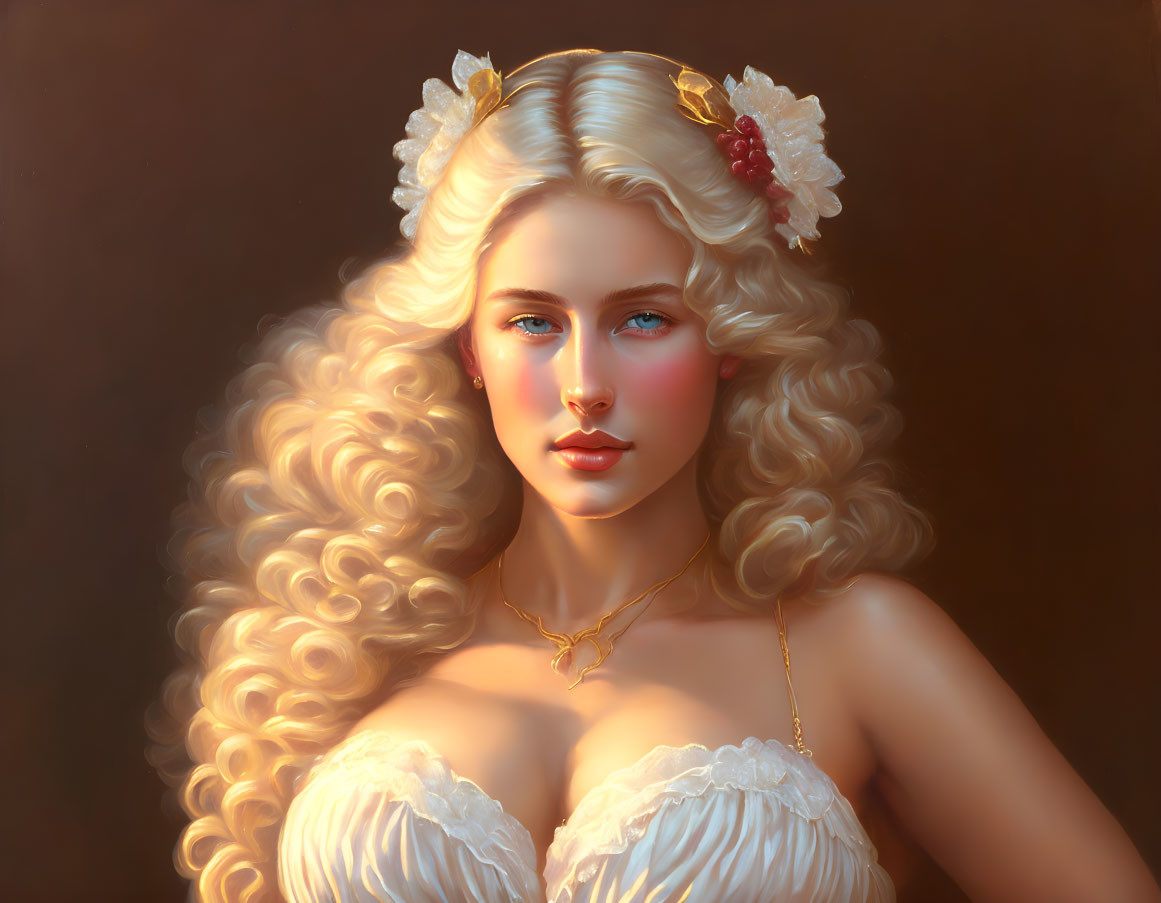 Blonde woman with curly hair and floral accessories in warm light