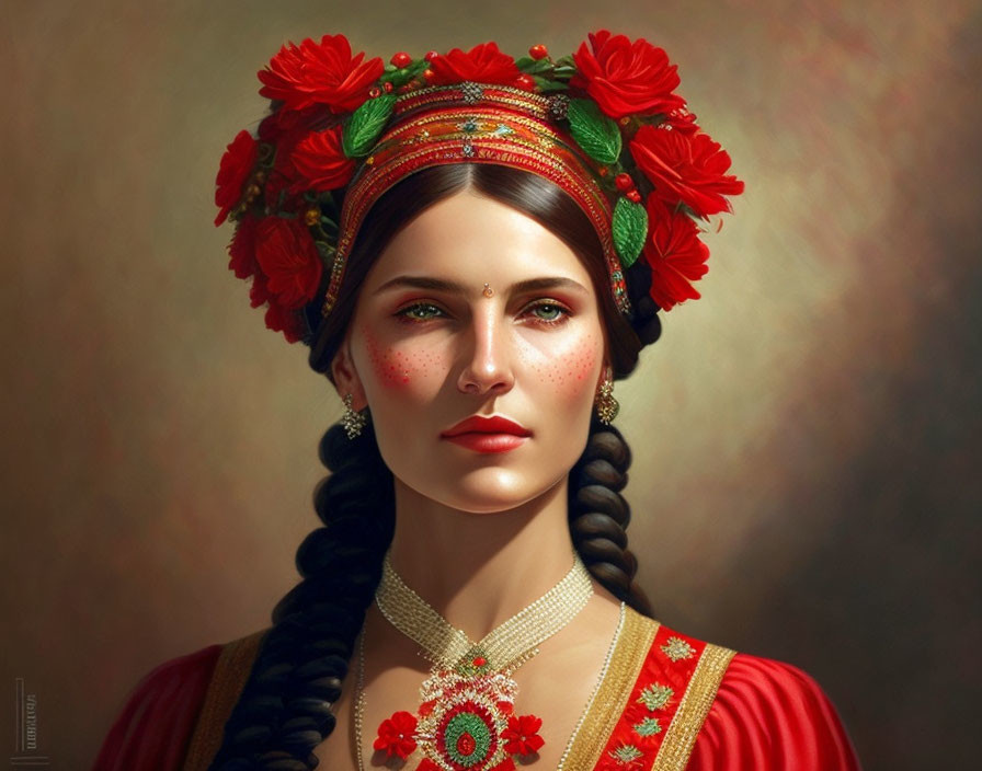 Woman with Braided Hair in Traditional Attire and Flower Crown