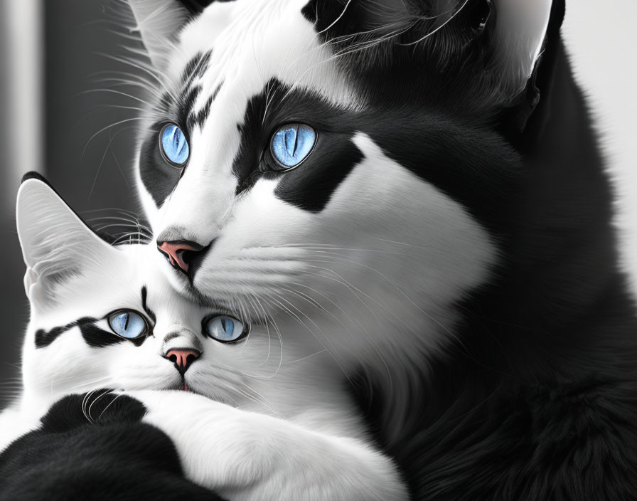 Two Cats with Striking Blue Eyes and Black & White Fur Cuddling