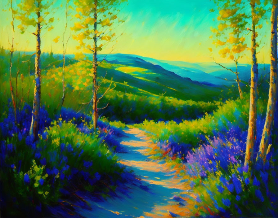 Scenic landscape painting: trail in wildflower meadow with birch trees & rolling hills under sunset