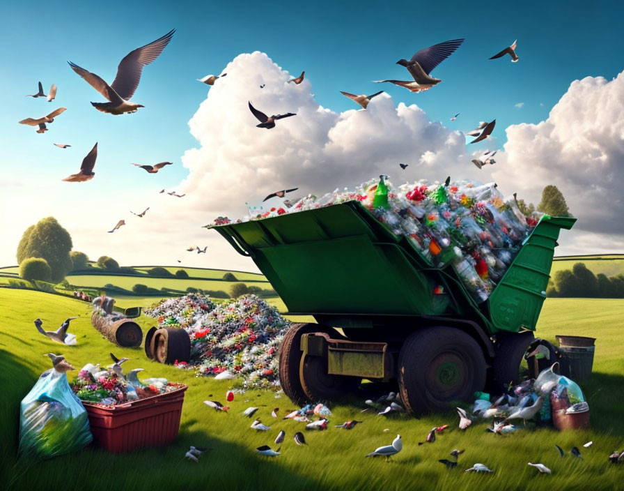 Dump truck overflowing with plastic waste in lush field, surrounded by birds and scattered trash