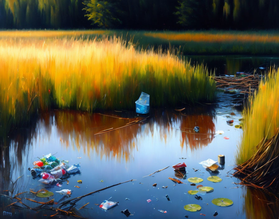 Tranquil pond scene with golden reeds marred by floating trash
