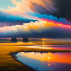 Colorful Clouds Reflecting in Tranquil Water with Distant Tree Silhouettes