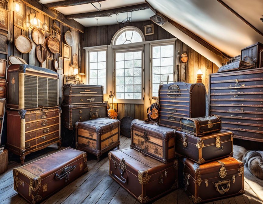 Vintage trunks, banjo, violin, rustic decor in cozy room