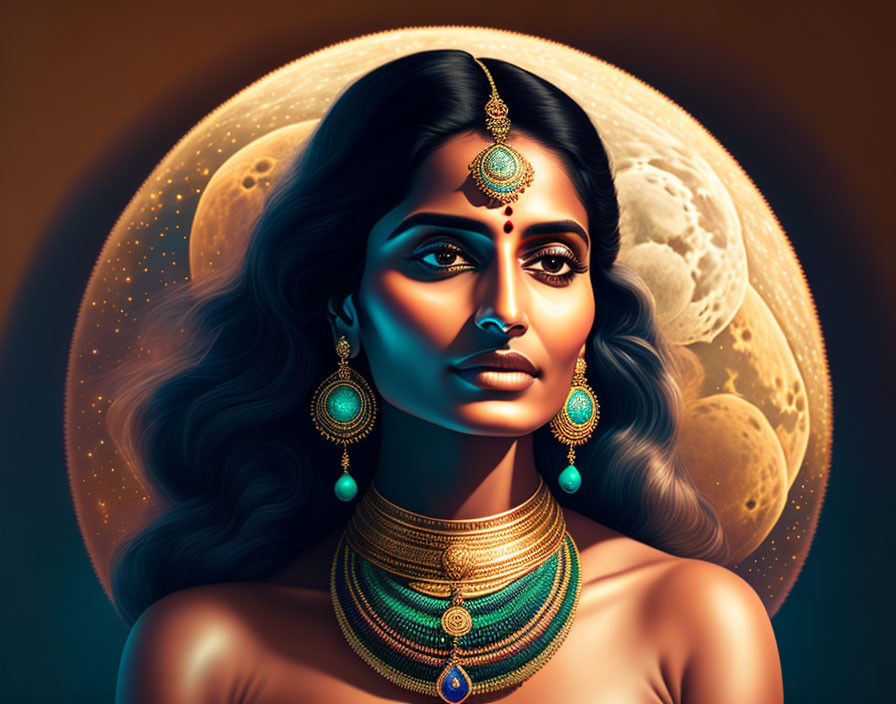 Illustrated portrait of woman in traditional Indian jewelry under full moon