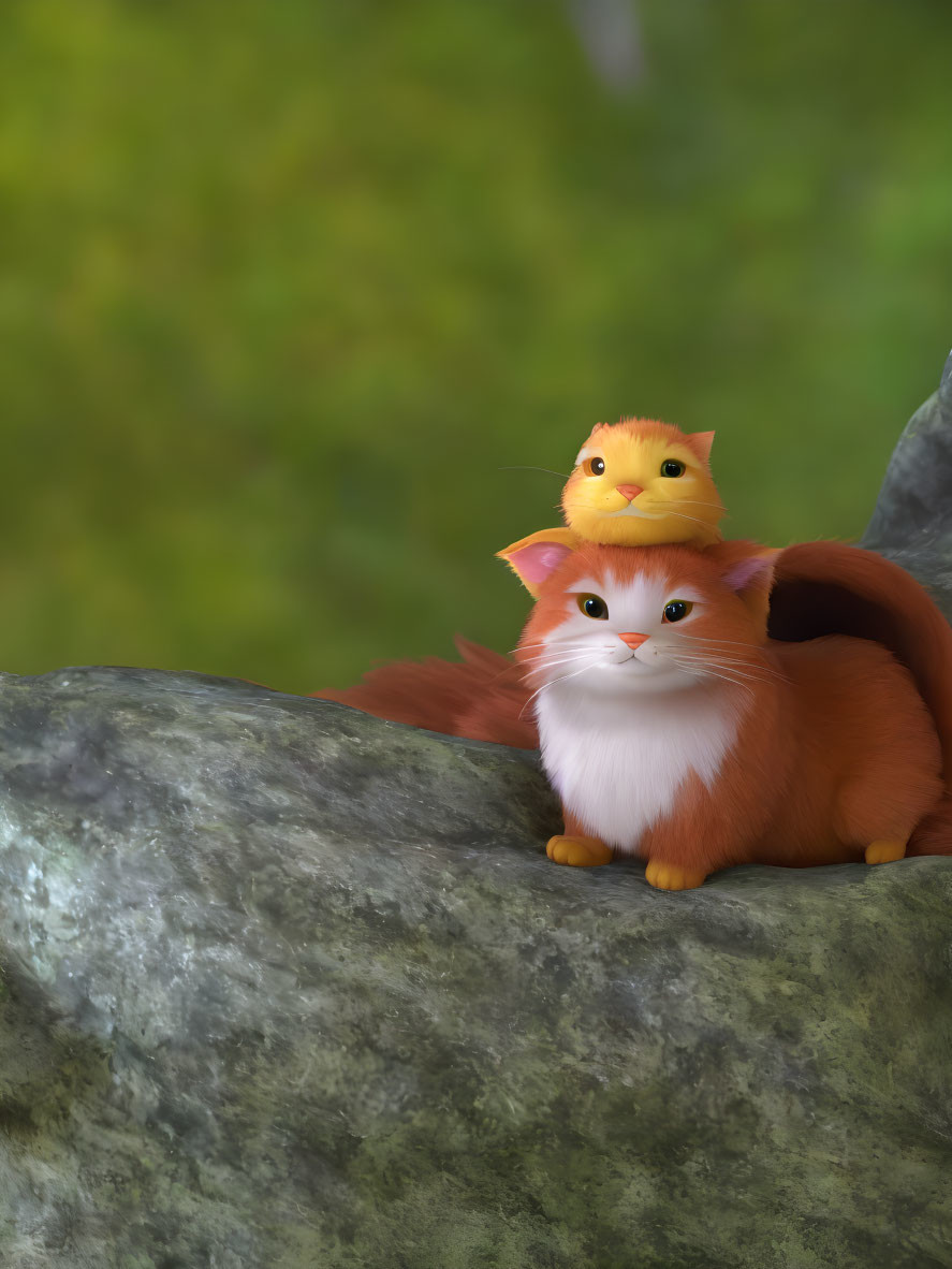 Fluffy orange cats sitting on a rock against green background