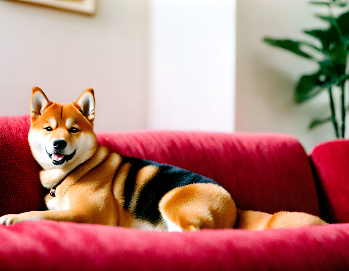 Happy Shiba Inu on red couch