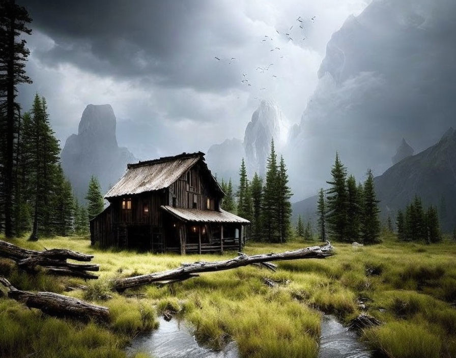 Rustic cabin in pine forest with stormy sky and mountains.