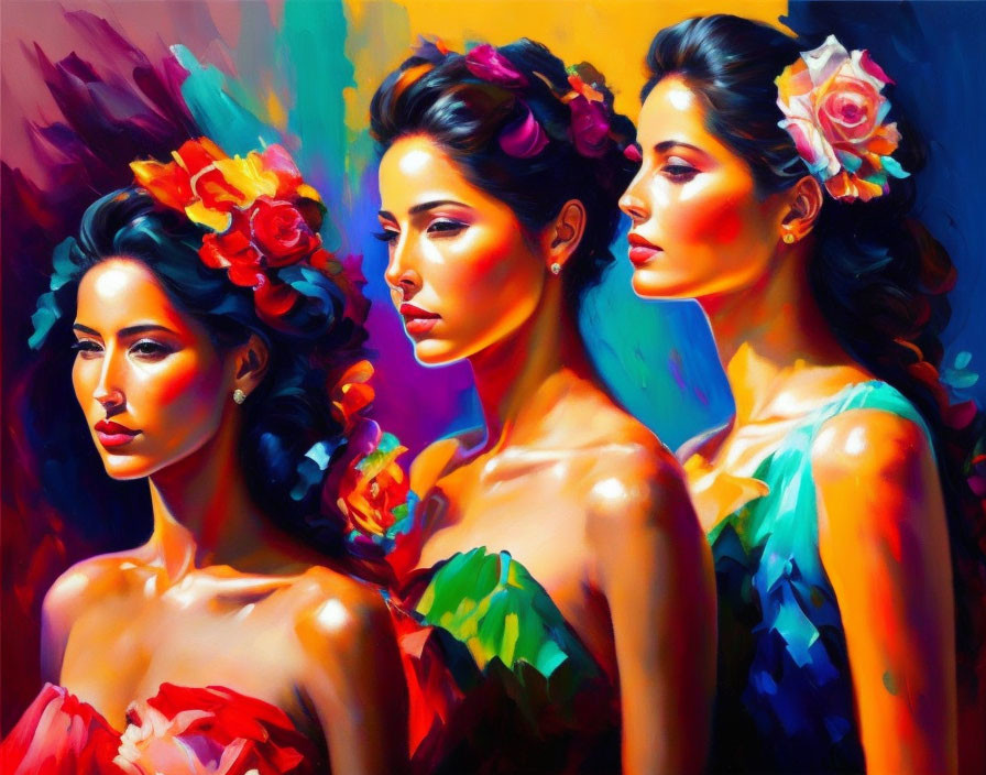 Vibrant brush stroke painting of three women with flowers in hair