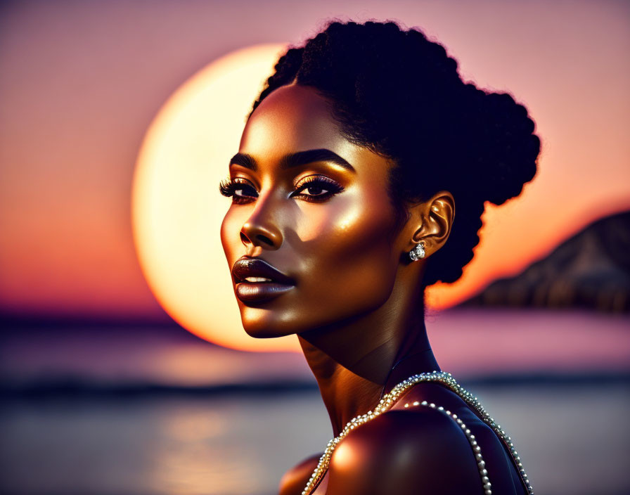 Elegant woman with flawless makeup and jewelry at sunset