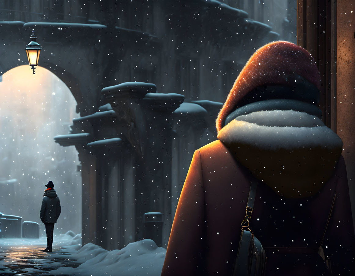 Person in winter coat walking in snowy alley with lamp light, bird perched nearby