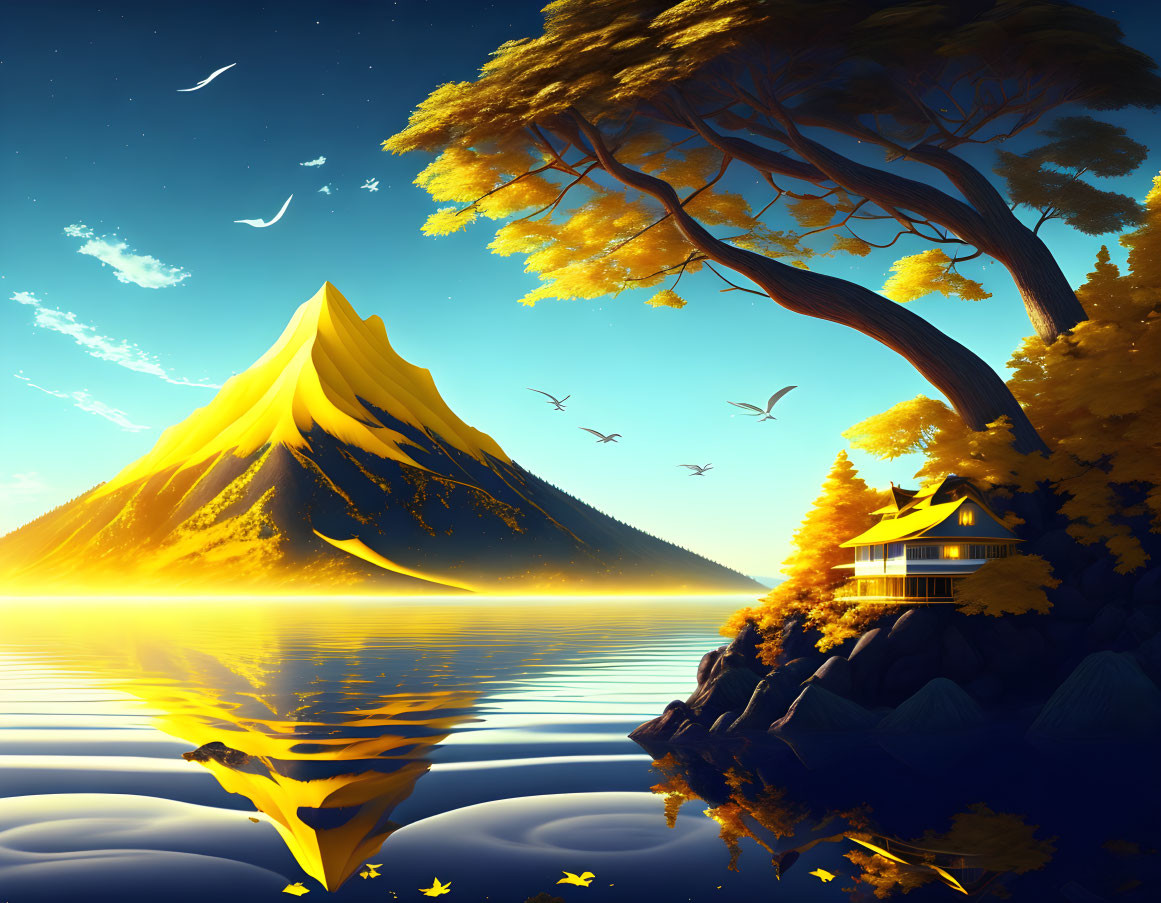 Tranquil landscape with golden tree, lake, house, mountain, twilight sky.