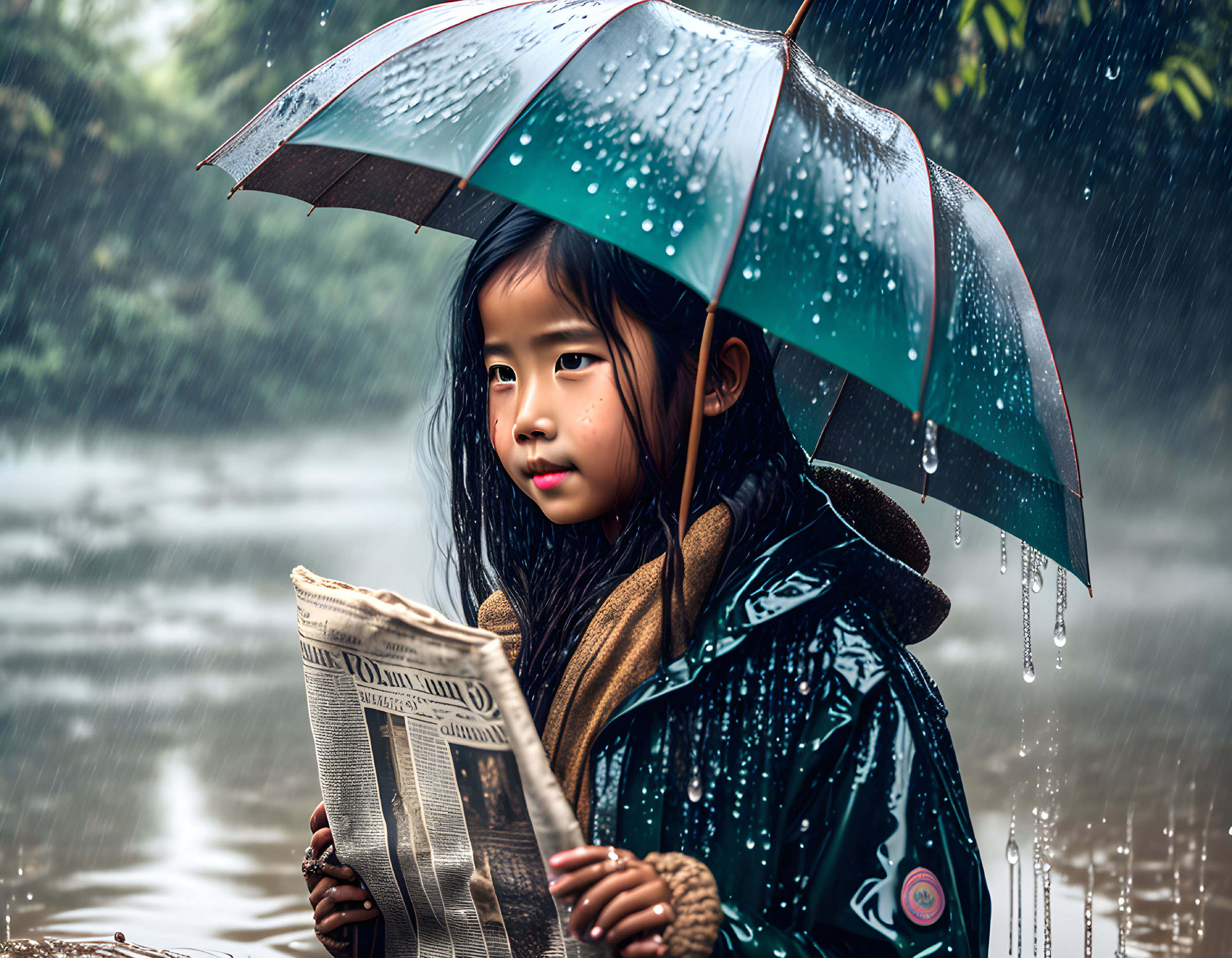 Young girl with umbrella in rain holding newspaper