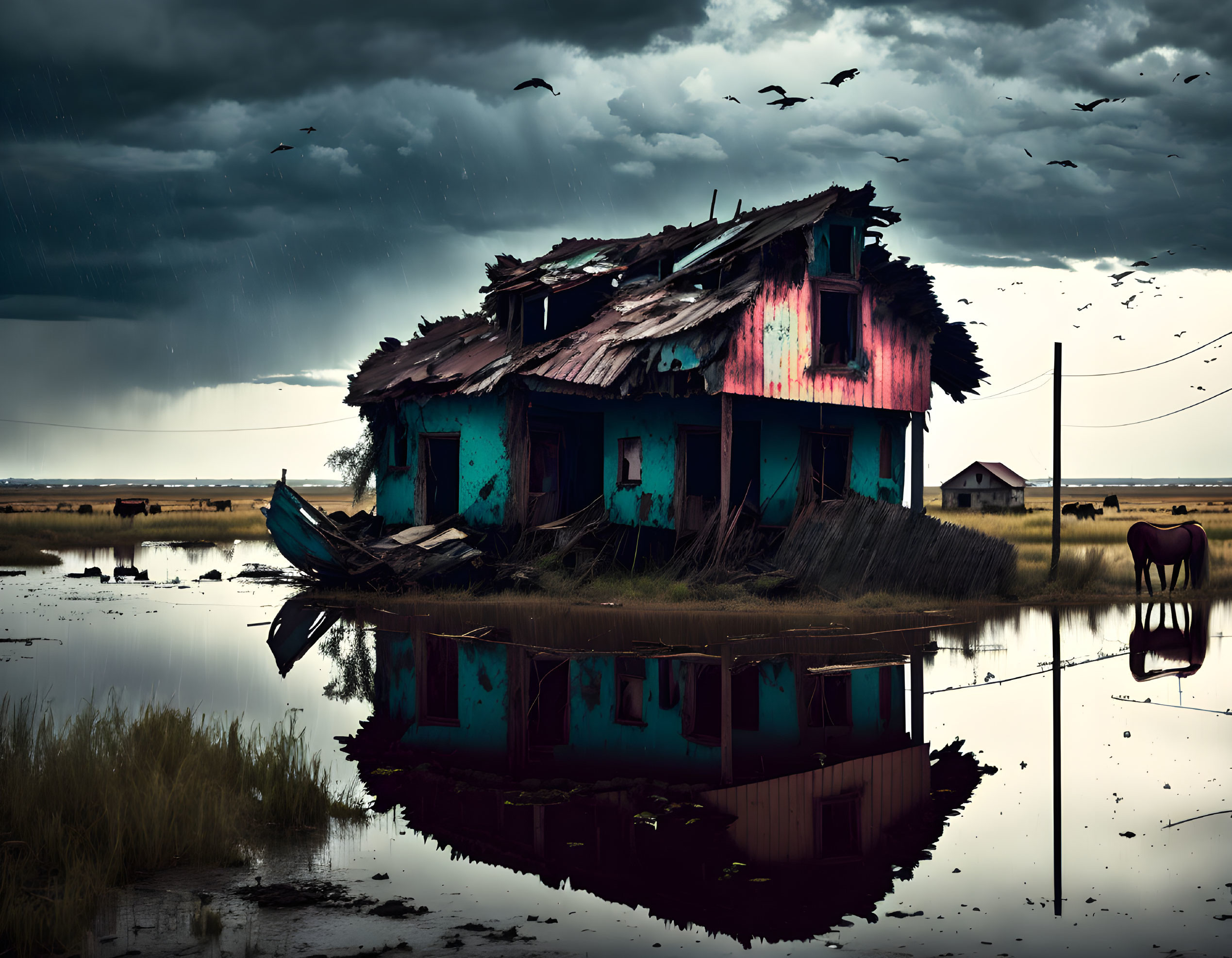 Abandoned two-story house with torn roof reflected in flood under stormy sky
