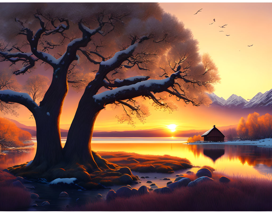 Tranquil lake at sunset with orange hues, snow-capped trees, cabin, and birds