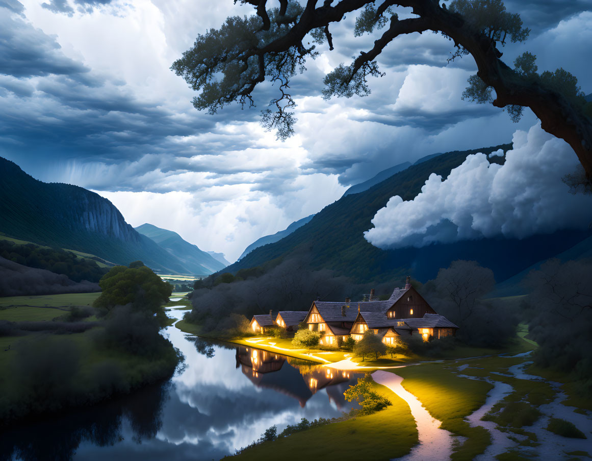 Twilight scene: illuminated cottage by river, dramatic sky, tree branch, lush hills