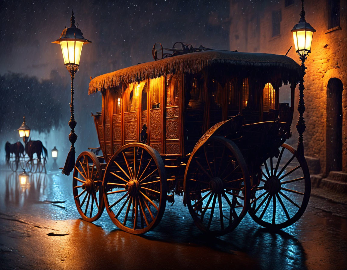 Vintage Horse-Drawn Carriage on Cobblestone Street at Night