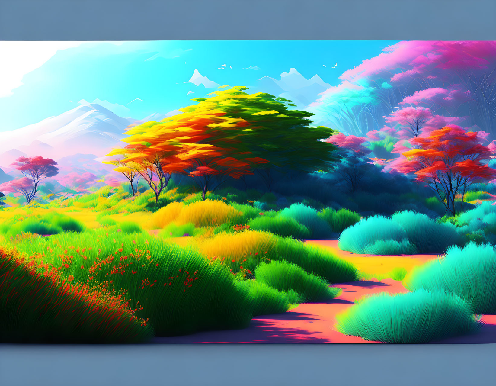 Colorful digital artwork of vibrant landscape with stylized mountains